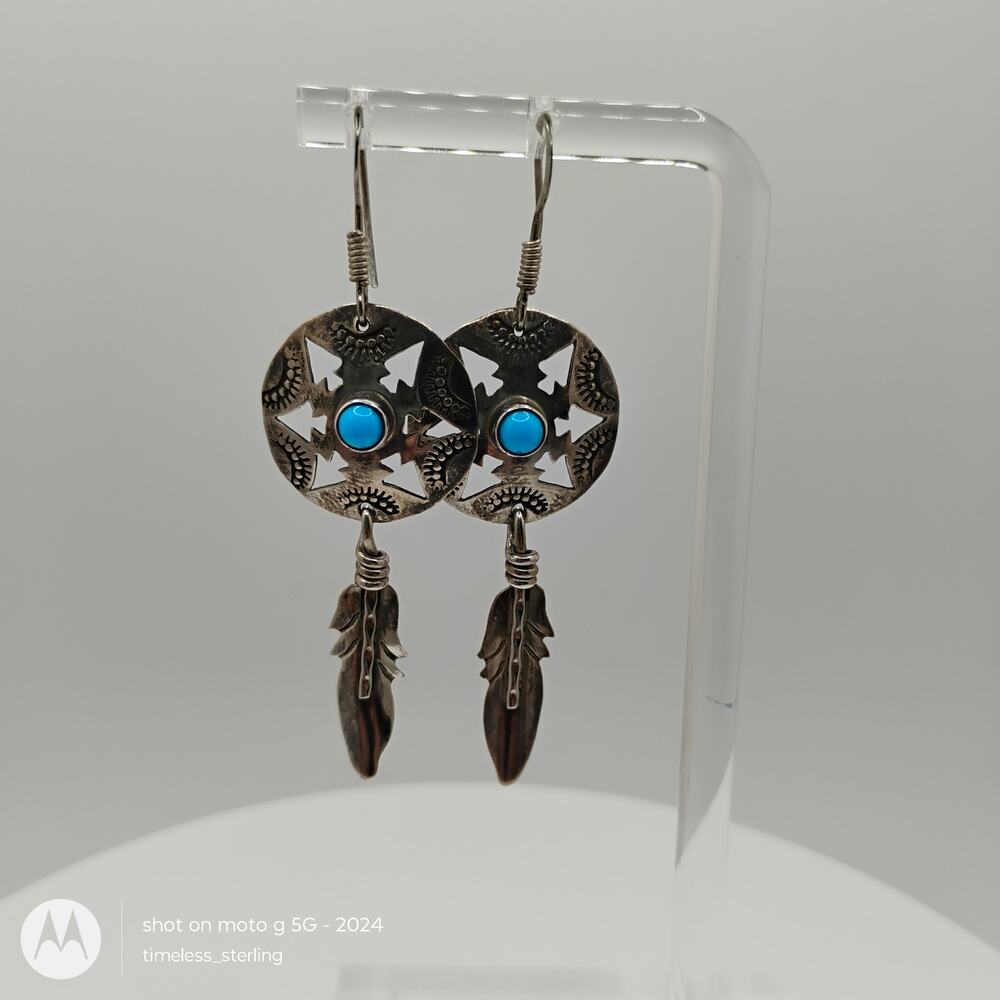 Vintage NA Navajo Jeff James Jr JJJ SS Cut Out Concho Turquoise Feather Earring